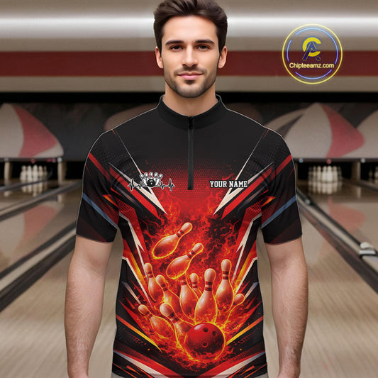 Male model in bowling lane wearing quarter-zip shirt with flaming bowling ball crashing pins white turquoise blue fiery sports artwork