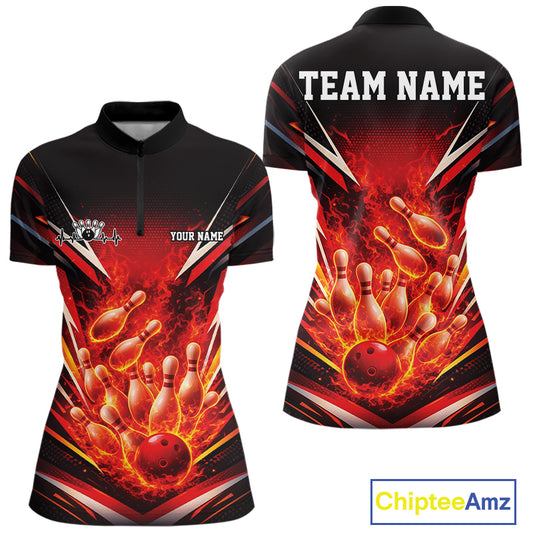 Front and back mockup of womens bowling quarter zip in black and red featuring flaming bowling ball crashing into pins with bold fiery sports artwork.