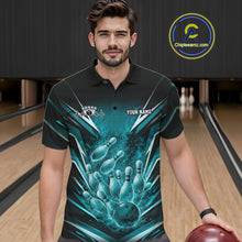 Load image into Gallery viewer, Custom Turquoise Blue Fire Flame Bowling Men Polo Shirt, Bowling Team Tournament Outfit IPHW11134