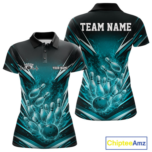Front and back view of a men’s quarter-zip bowling shirt featuring galaxy bowling ball striking pins cosmic sports illustration