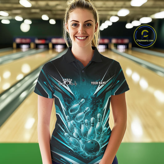 Male model in bowling lane wearing quarter-zip shirt with galaxy bowling ball hitting pins dynamic space style design