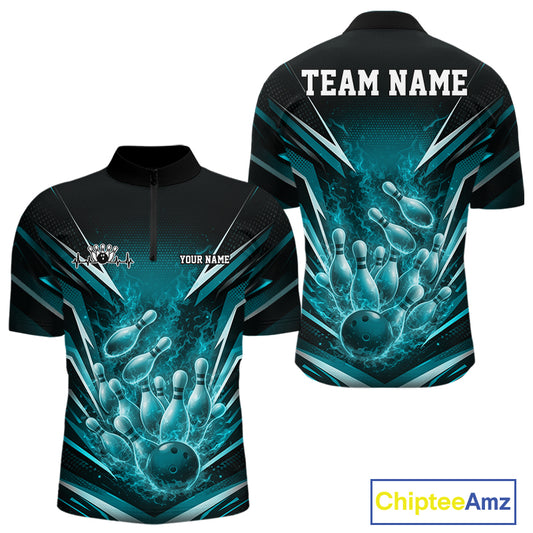 Front and back view men’s quarter-zip bowling shirt mockup featuring flaming bowling ball striking pins turquoise blue fire burst design