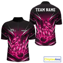 Load image into Gallery viewer, Custom Pink Fire Flame Bowling Men Quarter-Zip Shirt, Bowling Team Tournament Outfit IPHW11136