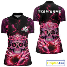 Load image into Gallery viewer, Custom Pink Purple Sugar Skull Bowling Women Quarter-Zip Shirt, Halloween Bowling Outfit IPHW11144