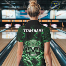 Load image into Gallery viewer, Custom Green Sugar Skull Bowling Women Quarter-Zip Shirt, Halloween Team Bowling Outfit IPHW11147