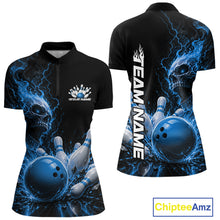 Load image into Gallery viewer, Front and back views of a women's quarter zip bowling shirt mockup featuring a blue fiery skull design with lightning striking a bowling ball and pins and a custom name on a black shirt.

