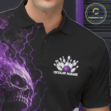 Load image into Gallery viewer, Close up of the left chest on a black bowling polo featuring a purple flaming skull graphic with a custom name.
