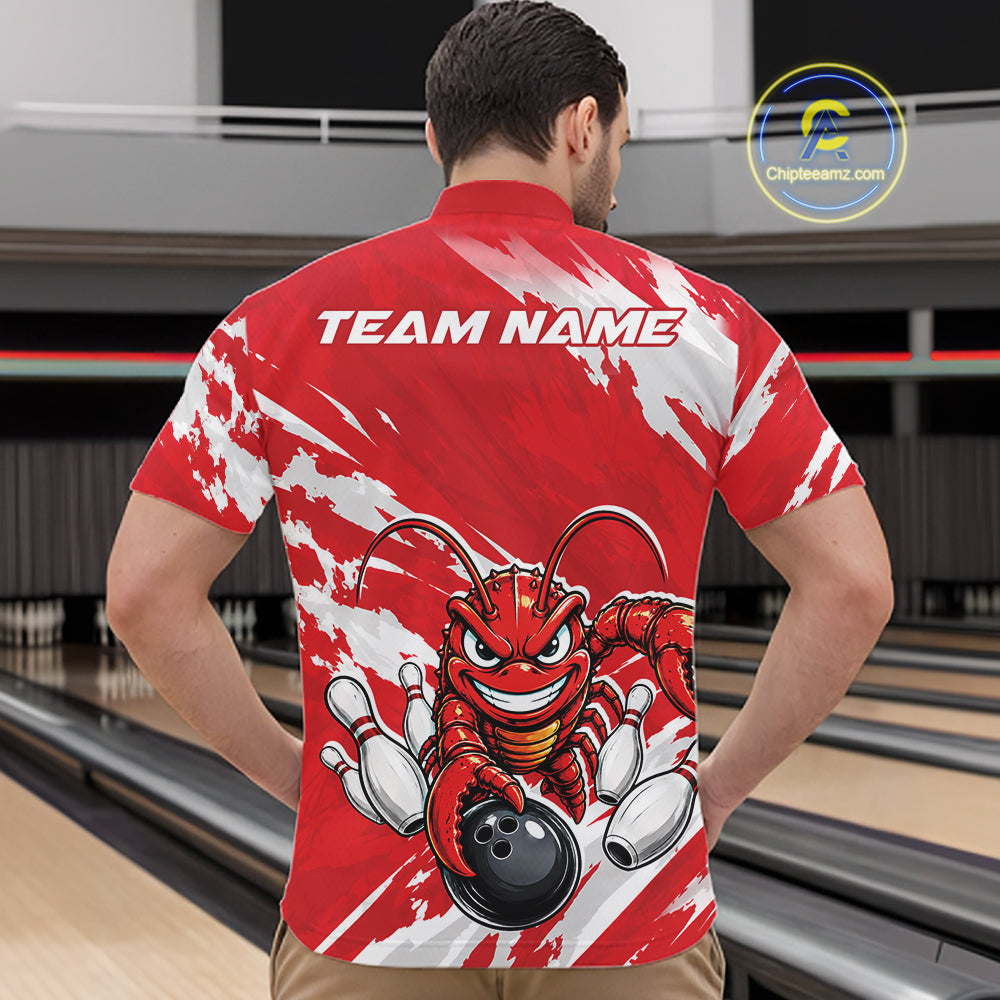 Back view of a male model in a bowling alley wearing a red custom quarter zip bowling shirt with an aggressive crawfish bowling design and a distressed background.