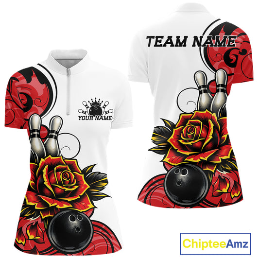 Custom Red Rose Bowling Women Quarter-Zip Shirt, Floral Bowling Team Shirt IPHW11690