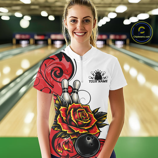 Custom Red Rose Bowling Women Quarter-Zip Shirt, Floral Bowling Team Shirt IPHW11690