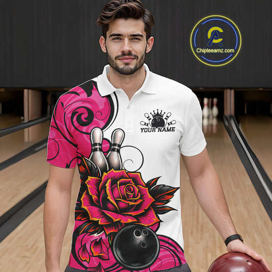 Custom Pink Rose Bowling Men Polo Shirt, Floral Bowling Team Shirt IPHW11691