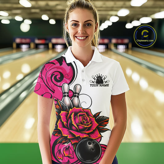Custom Pink Rose Bowling Women Polo Shirt, Floral Bowling Team Shirt IPHW11691
