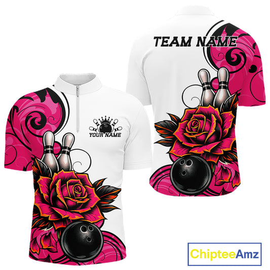 Custom Pink Rose Bowling Men Quarter Zip Shirt, Floral Bowling Team Shirt IPHW11691