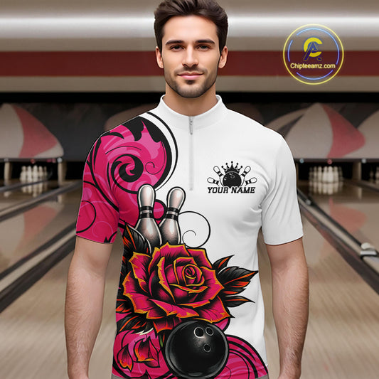 Custom Pink Rose Bowling Men Quarter Zip Shirt, Floral Bowling Team Shirt IPHW11691
