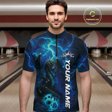 Load image into Gallery viewer, Custom Blue Thunder Lightning Bowling Team Men Quarter-Zip Shirt, Dragon Bowling Jerseys IPHW10194