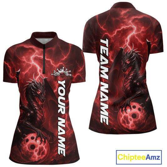 Custom Red Thunder Lightning Bowling Team Women Shirt, Dragon Bowling Jerseys IPHW10195