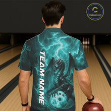 Load image into Gallery viewer, Custom Turquoise Blue Thunder Lightning Bowling Team Men And Women Hawaiian Shirt, Bowling Jerseys IPHW10196
