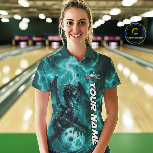 Custom Turquoise Blue Thunder Lightning Bowling Team Women Polo Shirt, Bowling Jerseys IPHW10196
