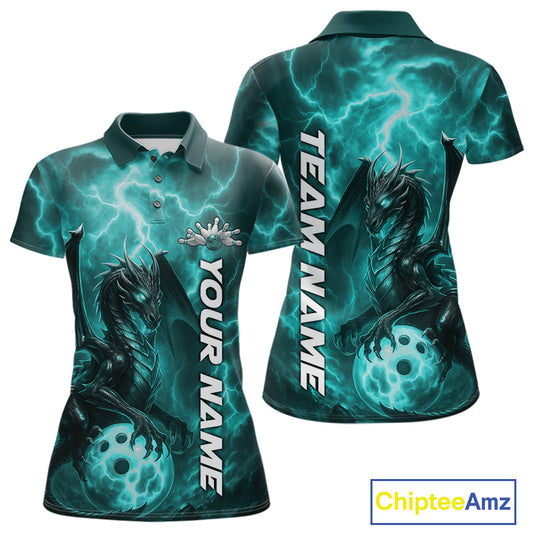 Custom Turquoise Blue Thunder Lightning Bowling Team Women Polo Shirt, Bowling Jerseys IPHW10196