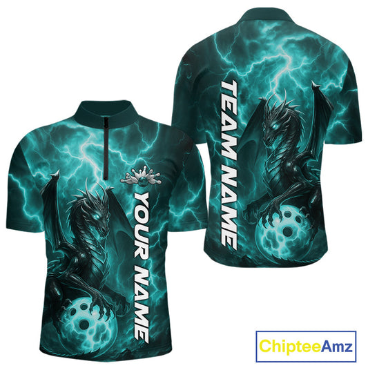Custom Turquoise Blue Thunder Lightning Bowling Team Men Quarter-Zip Shirt, Bowling Jerseys IPHW10196