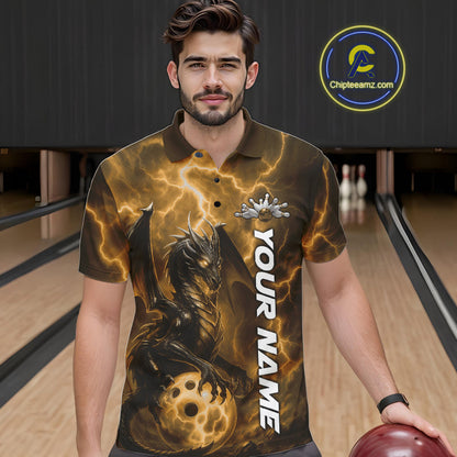Custom Yellow Thunder Lightning Bowling Team Men Polo Shirt, Dragon Bowling Jerseys IPHW10198
