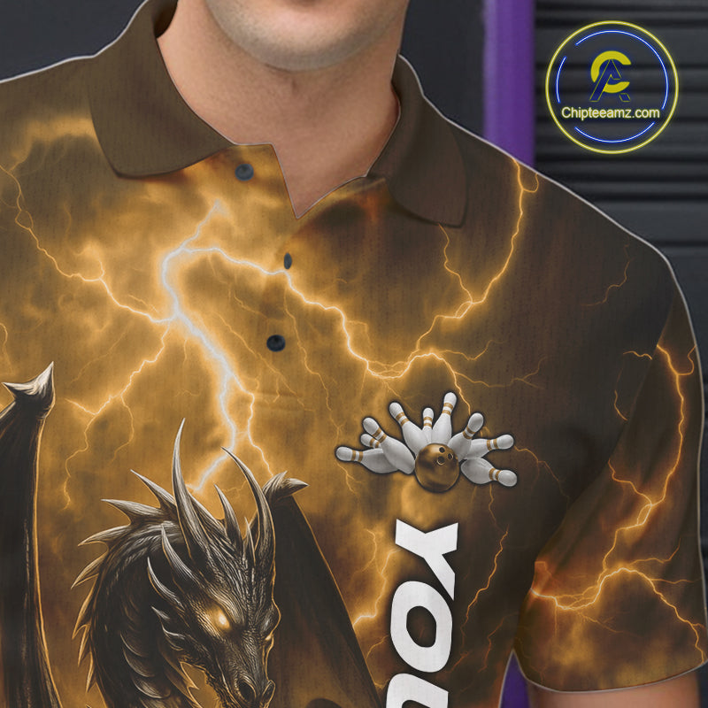 Custom Yellow Thunder Lightning Bowling Team Men Polo Shirt, Dragon Bowling Jerseys IPHW10198