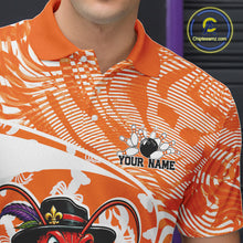 Load image into Gallery viewer, Close up front view of the left chest area on an orange custom bowling polo shirt featuring a funny Cajun crawfish leaning on a bowling ball and a swamp inspired texture background.