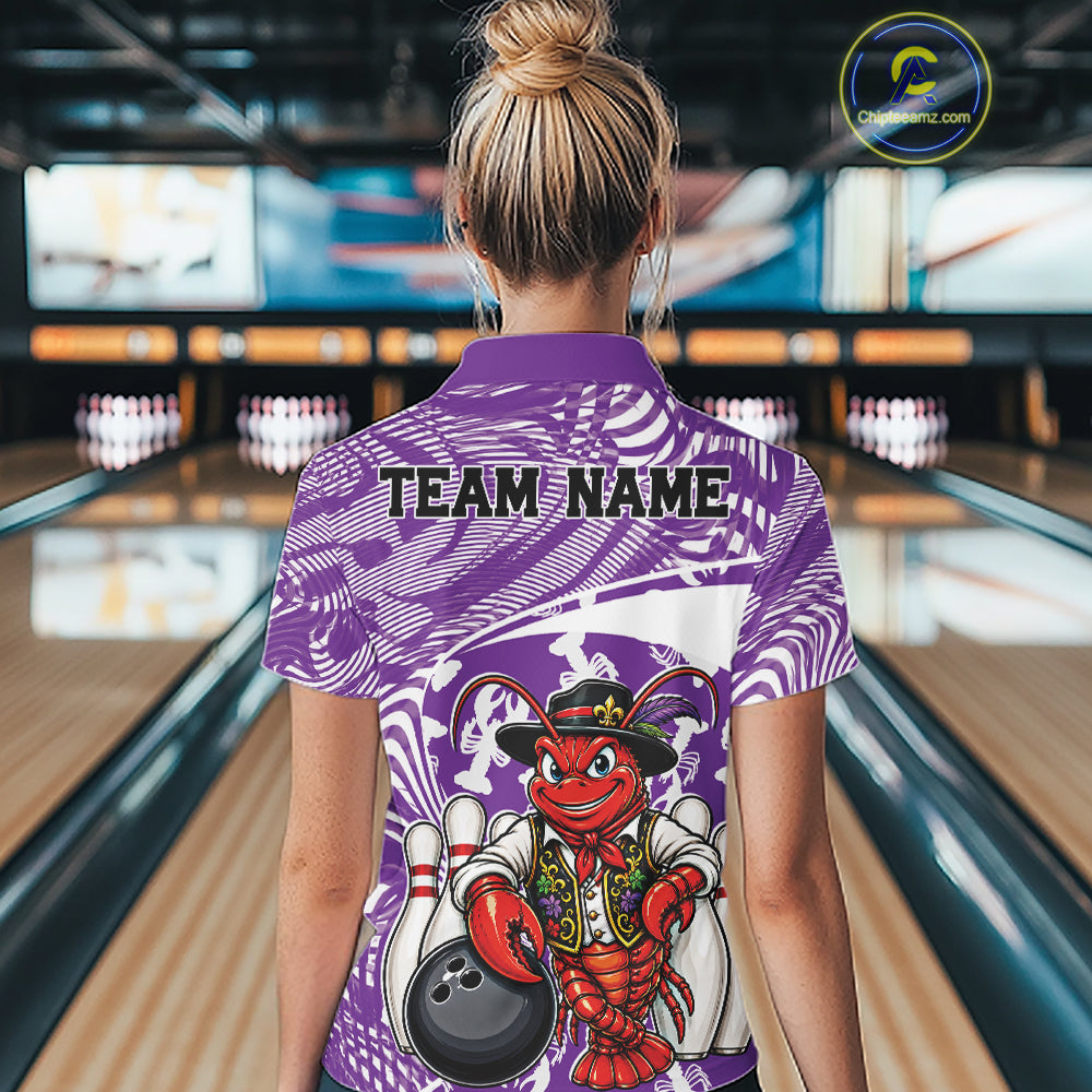 Back view of a female model in a bowling alley wearing a purple custom bowling polo shirt with a funny Cajun crawfish leaning on a bowling ball and a swamp-inspired texture background.