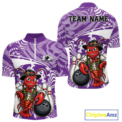 Front and back views of a purple custom quarter-zip bowling shirt featuring a funny Cajun crawfish leaning on a bowling ball with a swamp-inspired texture background.