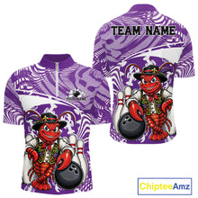 Load image into Gallery viewer, Front and back views of a purple custom quarter-zip bowling shirt featuring a funny Cajun crawfish leaning on a bowling ball with a swamp-inspired texture background.