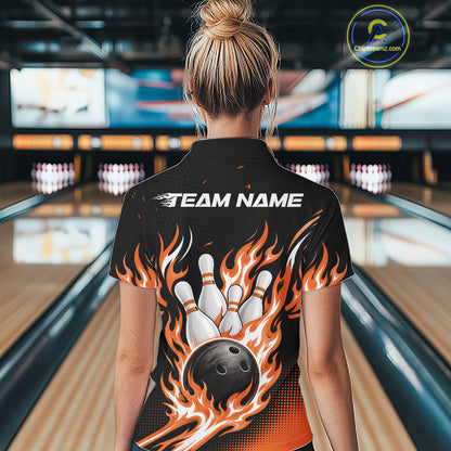 Custom Orange Flame Bowling Jerseys, Bowling Team Women Quarter-Zip Shirt Bowlers Outfit IPHW11709