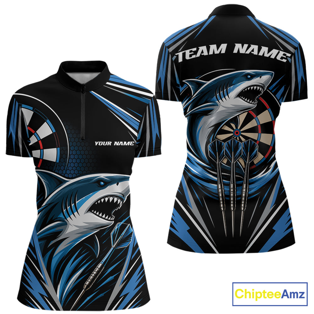 Custom Black And Blue Shark Darts Jerseys, Darts Team Women Quarter-Zip Shirt IPHW11714