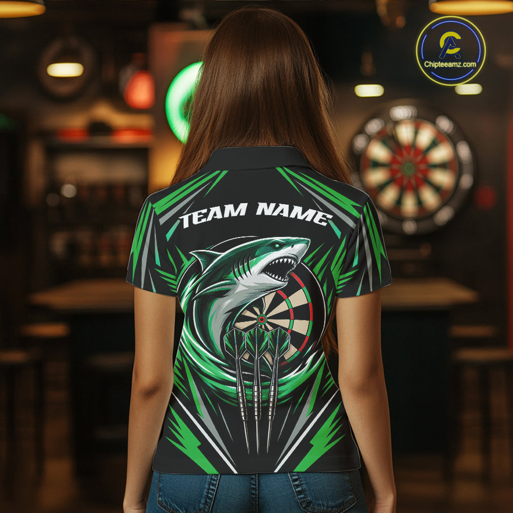 Custom Black And Green Shark Darts Jerseys, Darts Team Women Polo Shirt IPHW11715