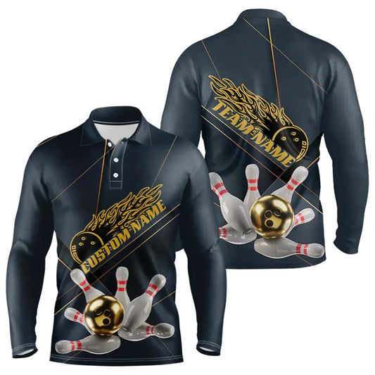 Custom Golden Bowling Long Sleeve Polo Shirts For Men, Flame Bowling Team Shirts Bowling Uniform IPHW7335