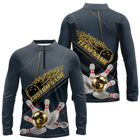 Custom Golden Bowling Long Sleeve Quarter-Zip Shirts For Men, Flame Bowling Team Shirts Uniform IPHW7335