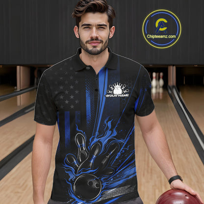 Custom Black And Blue US Flag Patriotic Men Bowling Shirt, American Flame Bowling Jerseys IPHW10641