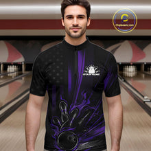 Load image into Gallery viewer, Custom Black And Purple US Flag Patriotic Men Bowling Shirt, American Flame Bowling Jersey IPHW10642