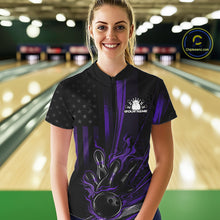 Load image into Gallery viewer, Custom Black And Purple US Flag Patriotic Women Bowling Shirt, Flame Bowling Jersey IPHW10642