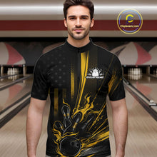 Load image into Gallery viewer, Custom Black And Yellow US Flag Patriotic Men Bowling Shirt, American Flame Bowling Jersey IPHW10644