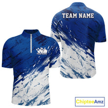Load image into Gallery viewer, Front and back view of a men's bowling quarter-zip shirt mockup featuring a white and blue splatter-style sports jersey design