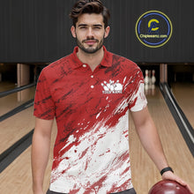 Load image into Gallery viewer, Man wearing a red and white polo shirt with a logo on a bowling alley.