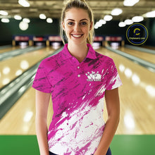 Load image into Gallery viewer, Woman wearing a pink and white bowling shirt with a logo in a bowling alley.