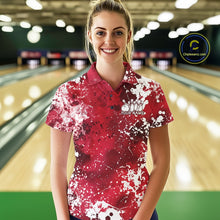 Load image into Gallery viewer, Woman wearing a red and white bowling shirt with a logo in a bowling alley.