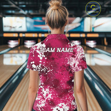 Load image into Gallery viewer, Person wearing a pink bowling shirt with 'TEAM NAME' printed on the back in a bowling alley.