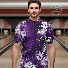 Load image into Gallery viewer, Man wearing a purple and white patterned shirt with 'Your Name' text in a bowling alley.