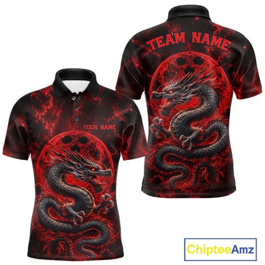 Front and back views of a red custom men's bowling polo shirt featuring an ancient dragon, flames, and a moon-inspired bowling ball design.