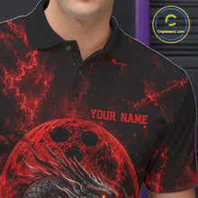 Load image into Gallery viewer, Close-up front view of the left chest area on a red custom bowling polo shirt featuring an ancient dragon, flames, and a moon-inspired bowling ball design.