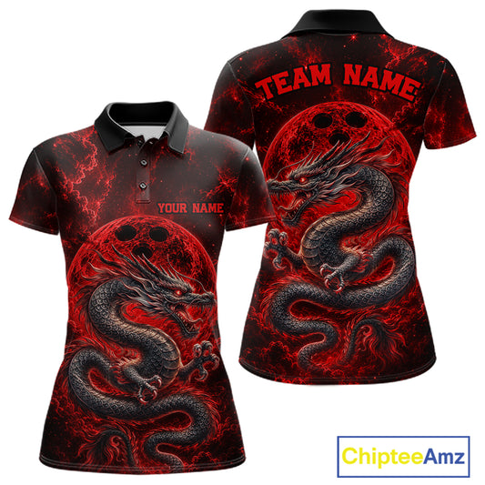 Front and back views of a red custom women's bowling polo shirt featuring an ancient dragon, flames, and a moon-inspired bowling ball design.