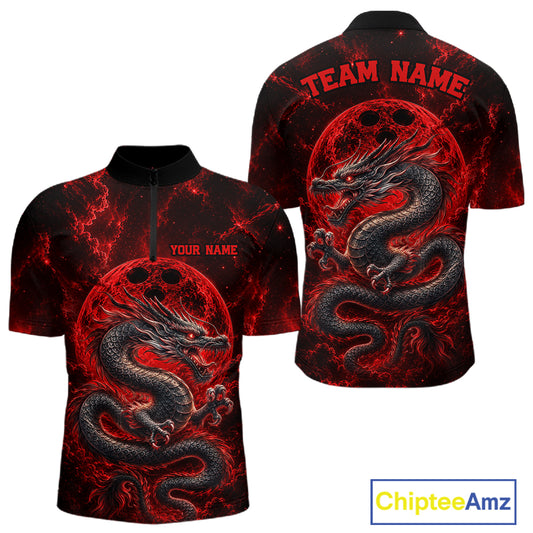 Front and back views of a red custom quarter-zip bowling shirt featuring an ancient dragon, flames, and a moon-inspired bowling ball design.