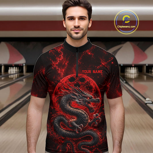 Front view of a male model in a bowling alley wearing a red custom quarter-zip bowling shirt featuring an ancient dragon, flames, and a moon-inspired bowling ball design.